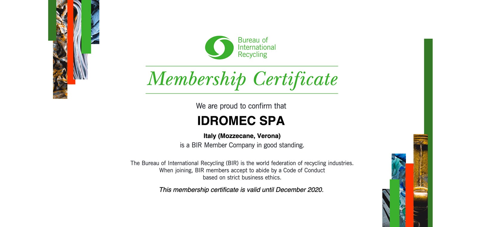 Certificato di riconoscimento 2020 Idromec SPA membro del BIR