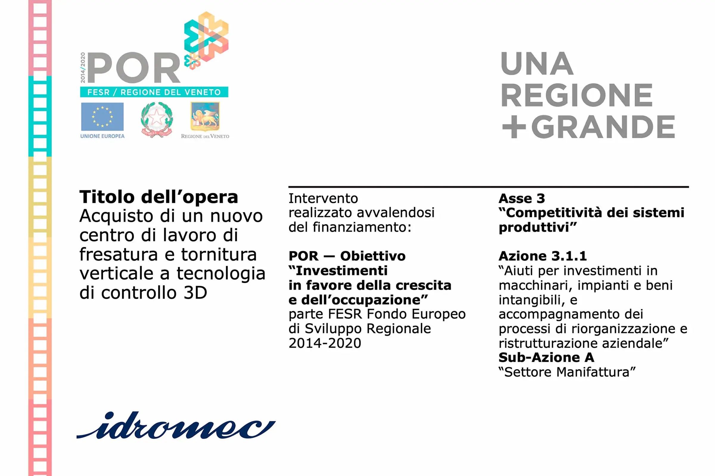 Dettaglio ufficiale del bando POR FESR della Regione Veneto per il nuovo centro di lavoro Idromec