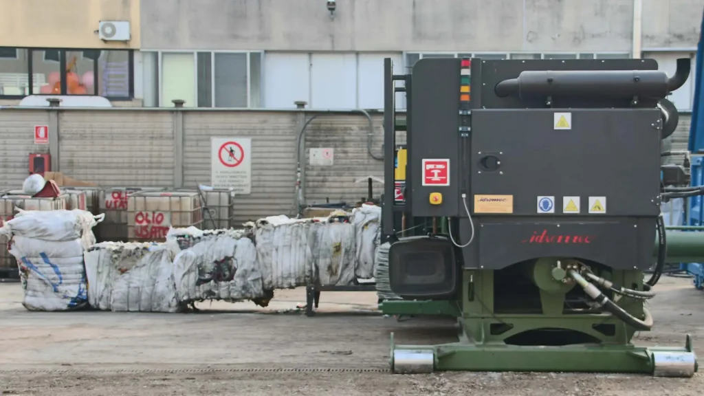 Pressa per rifiuti PR27 Idromec ad alta produttività, con pacchi compattati pronti per lo stoccaggio e il riciclo