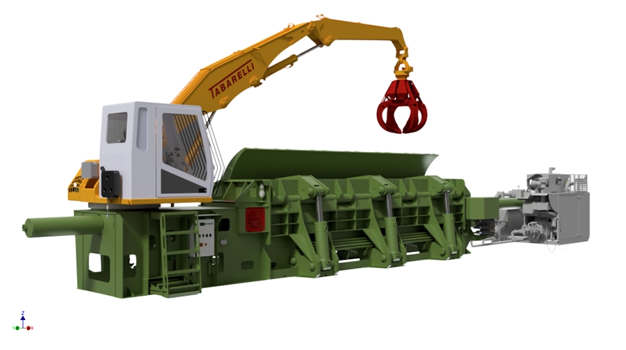 Pressa autodemolizioni con gru integrata: cassa fino a 6000 mm, veloce e affidabile per scocche e veicoli ingombranti.