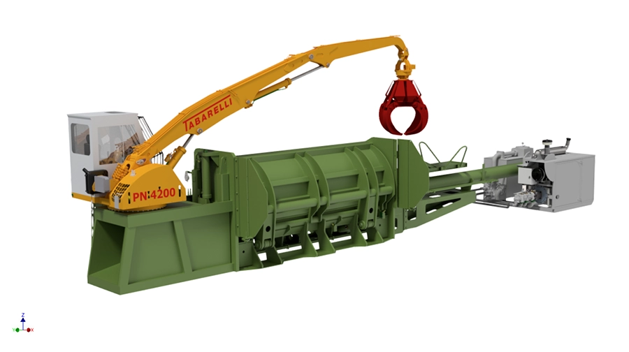 Pressa metalli con gru integrata: compatta alluminio, cavi, acciaio e lamiere con spinta assiale fino a 170 T.