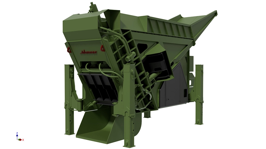 Disegno frontale pressa cesoia GS Idromec: compatta e versatile, taglio inclinato per alte prestazioni nel riciclo rottami.