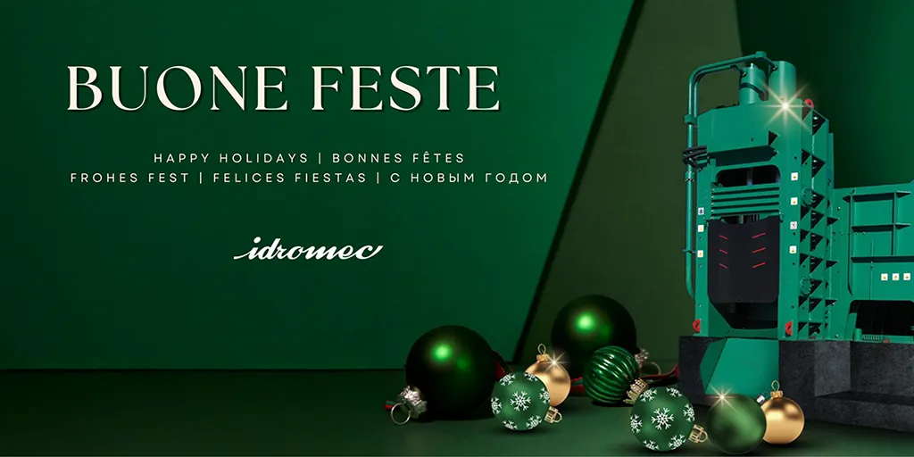 Pressa Idromec con decorazioni natalizie e messaggio di buone feste per la chiusura aziendale 2025