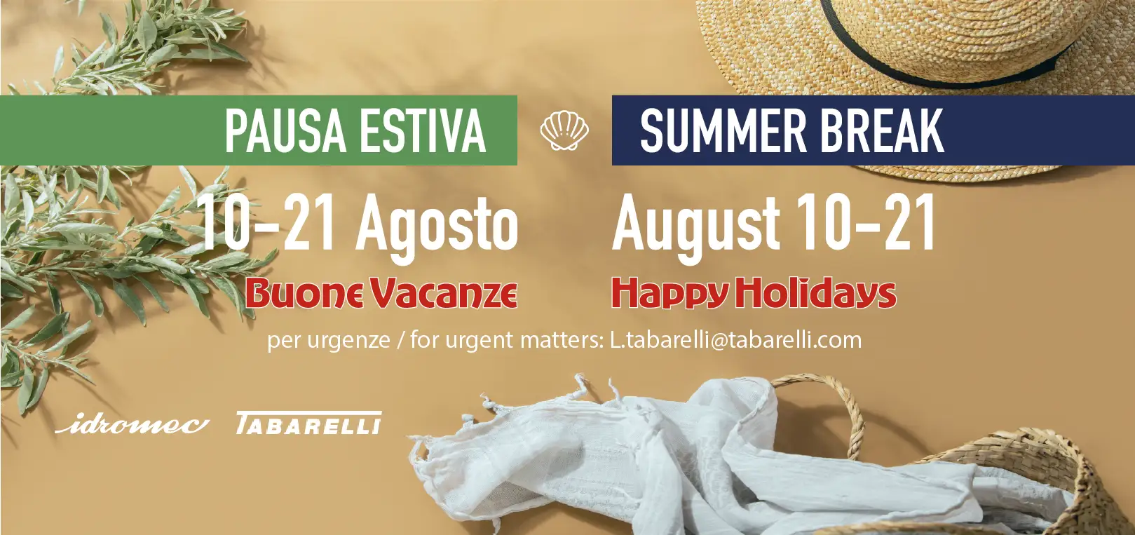 Summer break 2026 Idromec Spa, closure from August 10 to 21 with a Mediterranean summer themed illustration